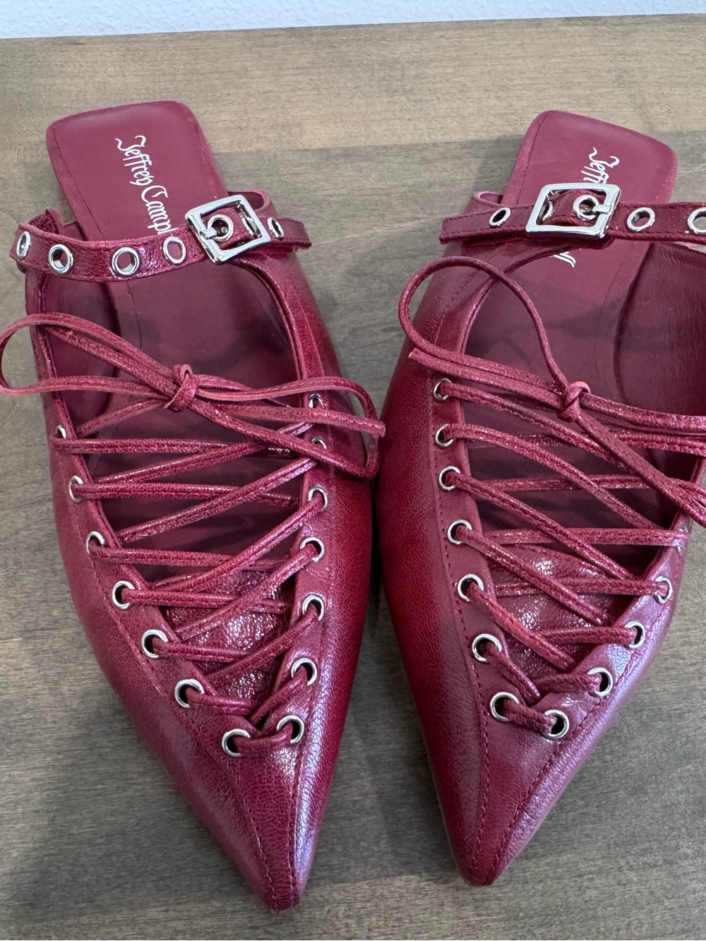 Jeffrey Campbell Burgundy Lace-Up Pointed Mules with Buckle